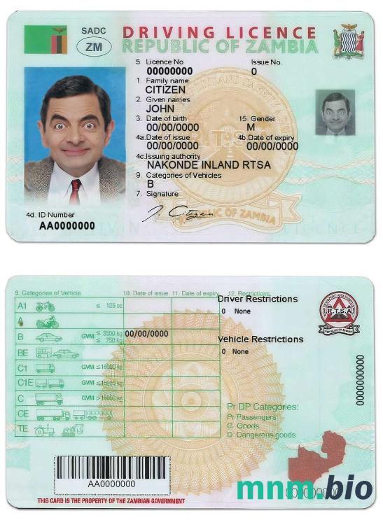 Szablon prawa jazdy w Zambii w formacie PSD, ze wszystkimi czcionkami